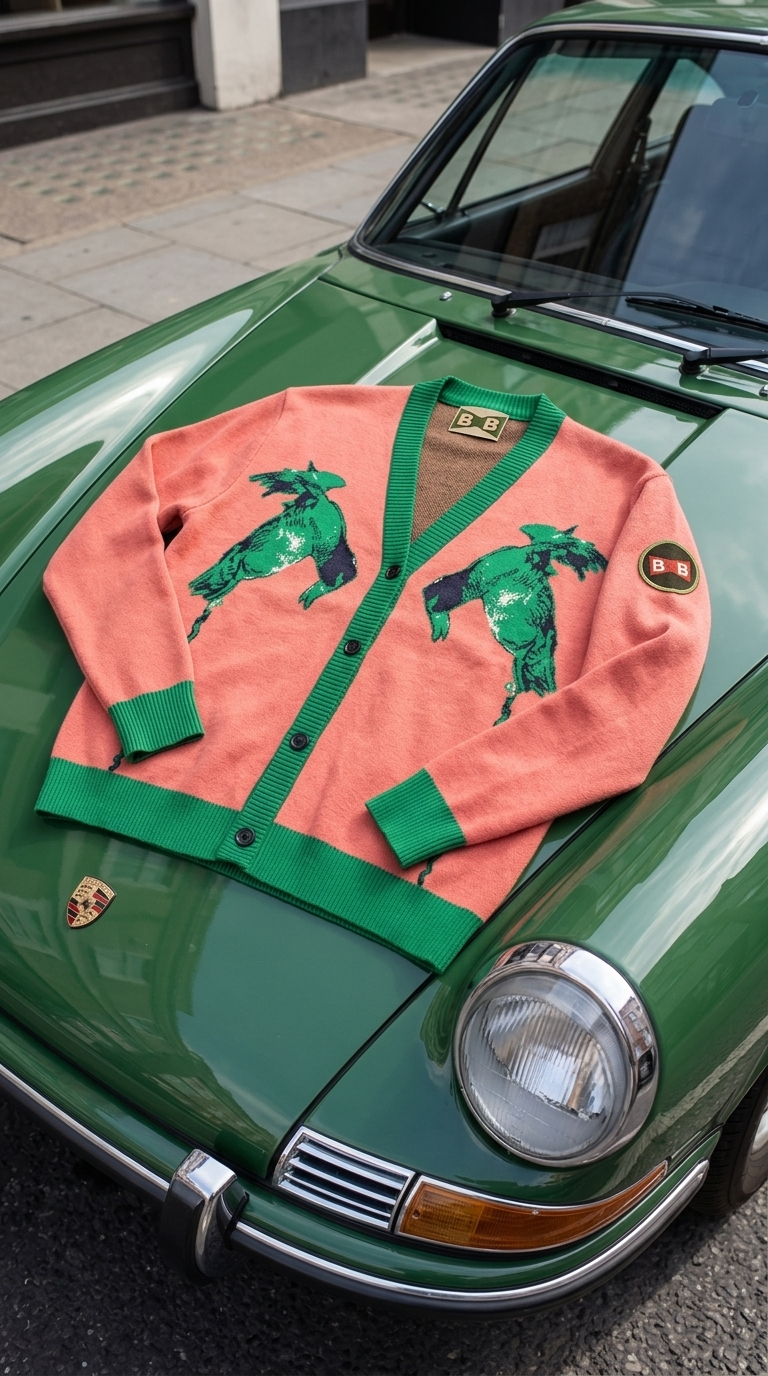 BB SPOKE Duck D Season cardigan on a green vintage Porsche